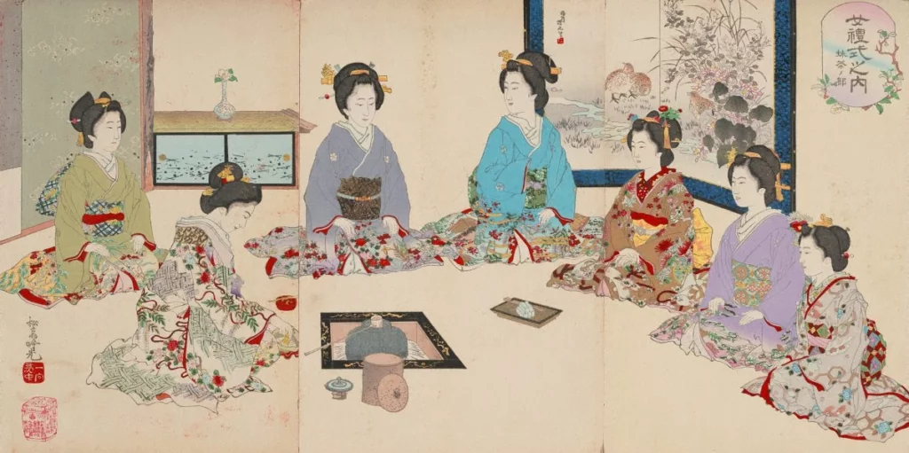 Traditional Japanese tea ceremony setting showcasing the elegant precision of chanoyu, with tatami mats, ceremonial matcha bowls, bamboo whisk, and seasonal floral arrangement reflecting the meditative Japanese tea ceremony traditions rooted in Zen Buddhism
